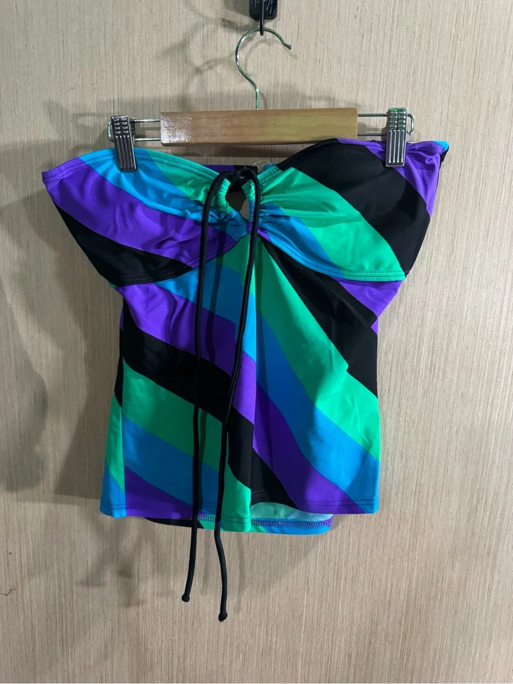 Hula Honey Strapless Ruched Swim Top in Teal, Purple & Black Size Large